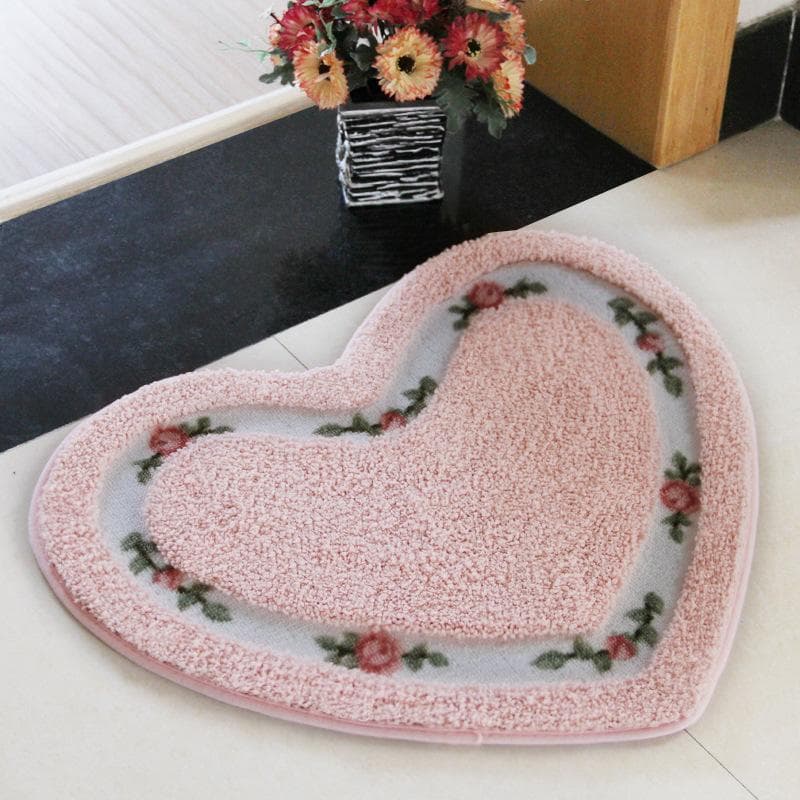Heart Shape Nonslip Bath Mat Embroidered Toilet Rug Kit Water Absorption Door Mat for Bathroom Toilet Bedroom 2 Sizes Floor Mat pink