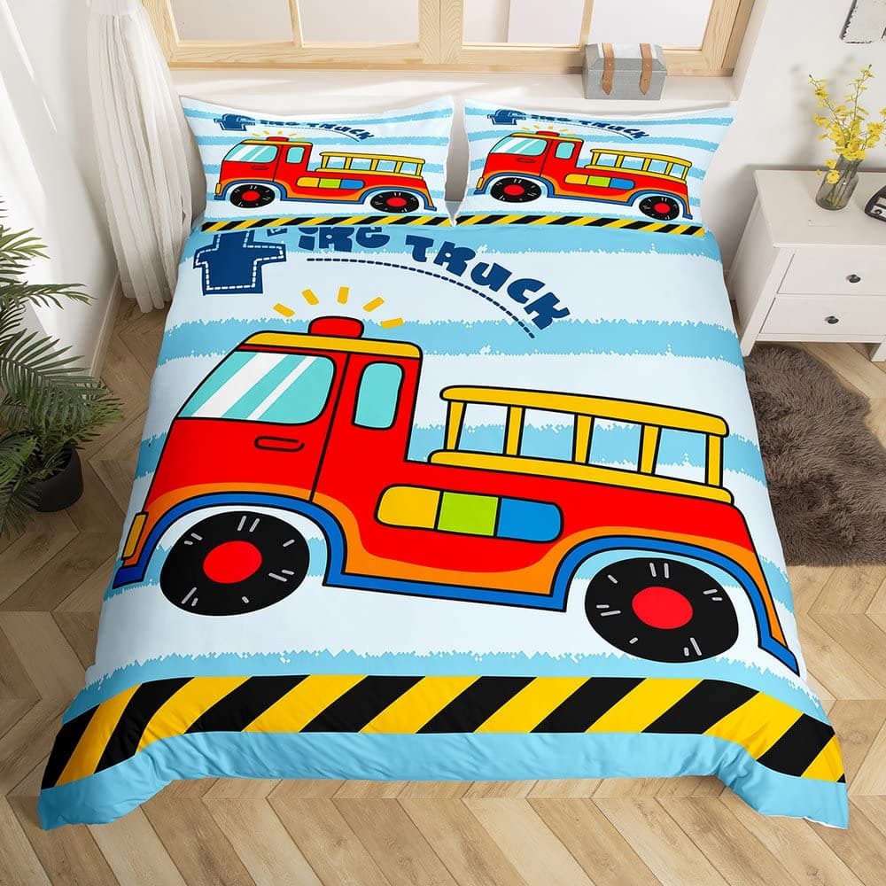 Fire Truck Duvet Cover Set Twin Size Red Firemen Car Vehicle Bedding Set Fire Engine Pattern For Boys Tire Printing Quilt Cover AU Single(140x210cm)