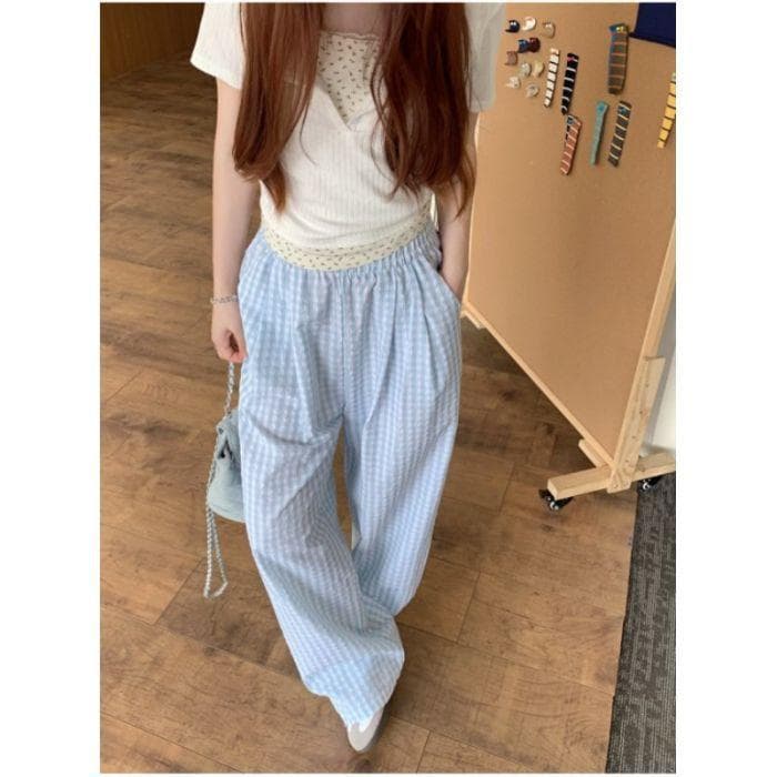 Plaid Contrasting Color Drape Casual Pants Women's Summer New Loose High Waist Straight Long Pants XL light blue