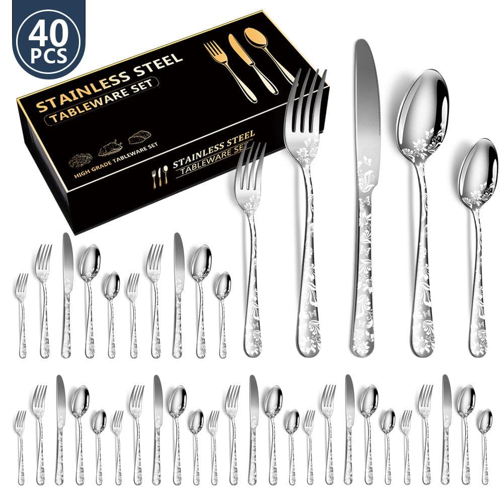 40PCS Stainless Steel Silverware Set Mirror-Polished Cutlery Flatware Set 8 Knives 8 Forks 8 Spoons silver