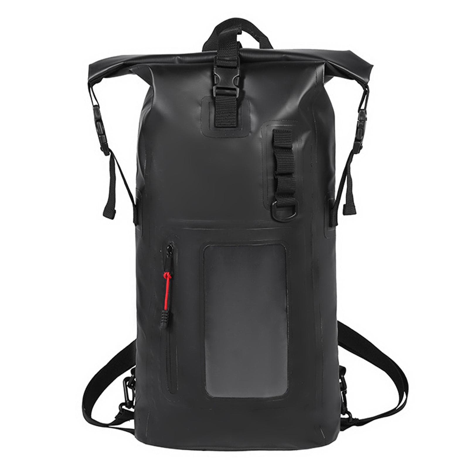 Waterproof Backpack Heavy Duty Roll-Top Closure Swim Bag with Front-Zipper Pocket 30L black