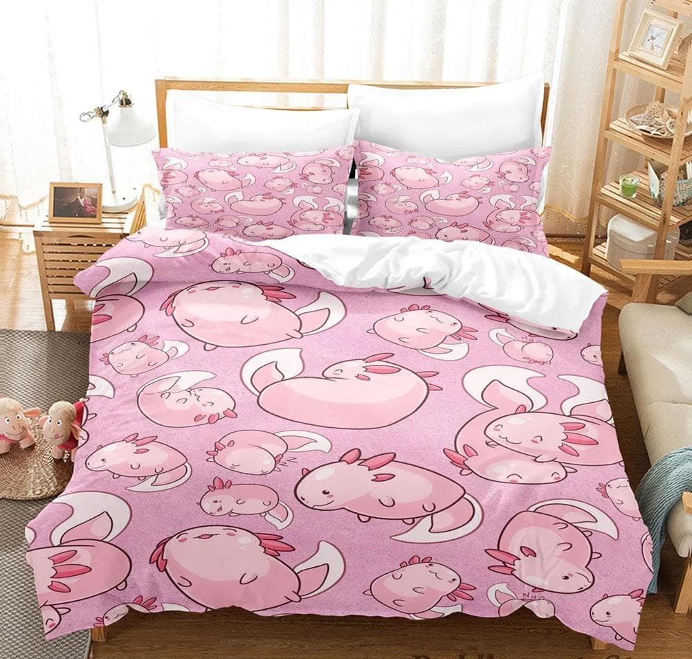 Kawaii Animal Axolotl Print Bedding Set Single Twin Full Queen King Size Bed Set Aldult Kid Bedroom Duvetcover Set 3D Anime EU single(135x200cm)