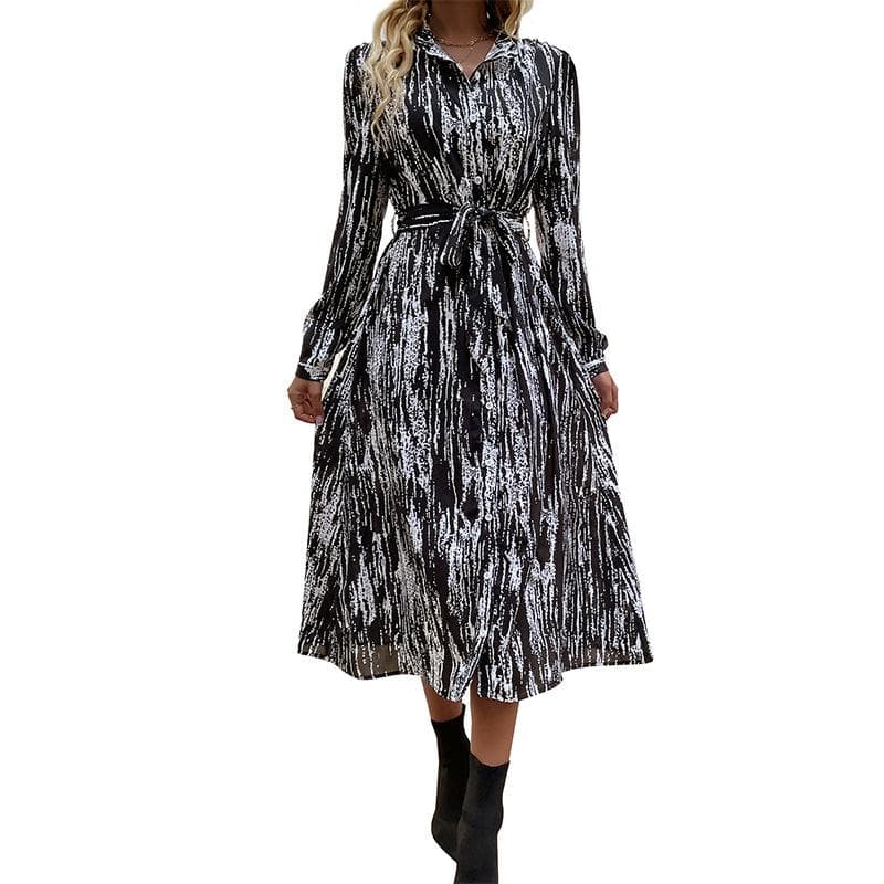 Women Long Dress Turn Down Collar Long Sleeves Button Closure Belted Printing Dress for Spring L black