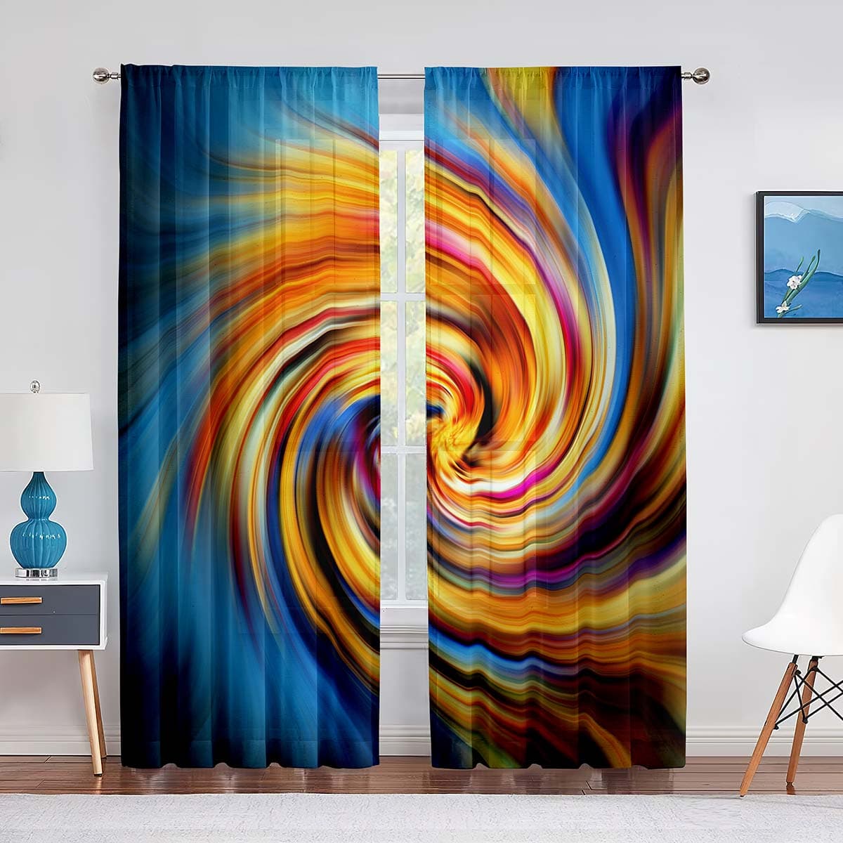 Cyan-blue Psychedelic Trippy Hippie Swirl Tulle Curtains for Living Room Decoration Chiffon Sheer Voile Kitchen Bedroom Curtain 1 PCS W100XH250cm&Grommet Top