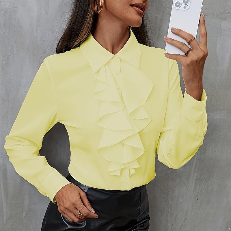 YYFS Women's Fashion Casual Spring Autumn Solid Color Print Long Sleeve POLO Neck Blouses & Shirts XL yellow