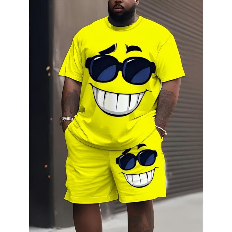 Cool Joyful Face Casual Set - Bright Yellow Cartoon Pattern T-shirt And Shorts M