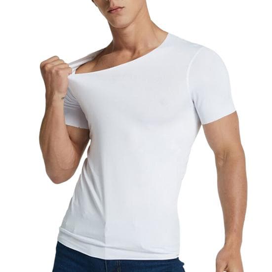 Men's Ice Silk T-Shirts Casual Short Sleeve Sports Tee Summer Breathable Moisture V-Neck Undershirt Top M white