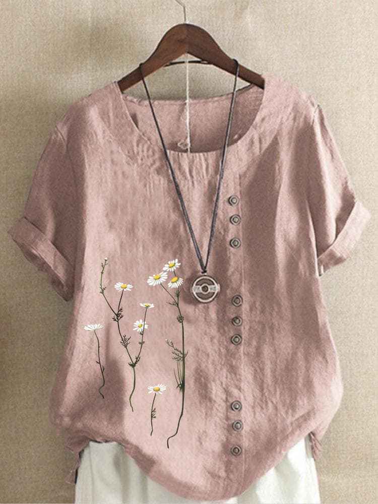 Cotton and Linen Printed T Shirt Tops Women's Summer Loose T Shirt Shirts 4XL pink