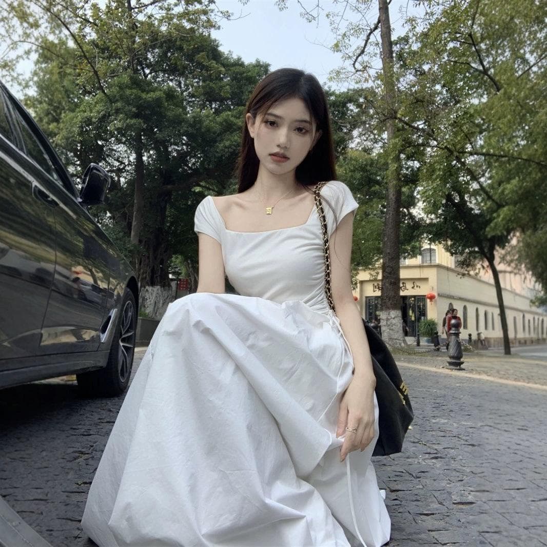 Solid Color Square Neck French Dress Long High Waist Thin Skirt Women's Summer Dress 2XL