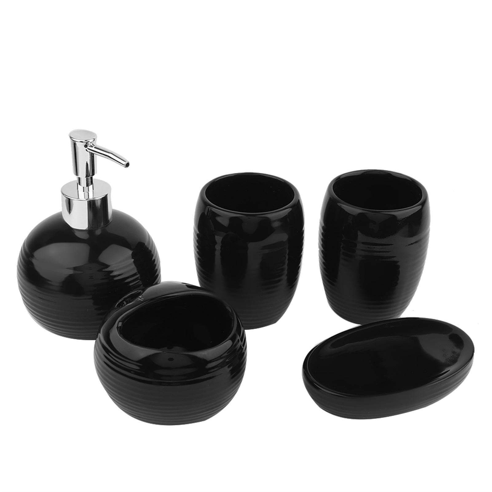 5Pcs Bathroom Accessories Ceramic Dispenser Toothbrush Holder Bath Set (Black) black