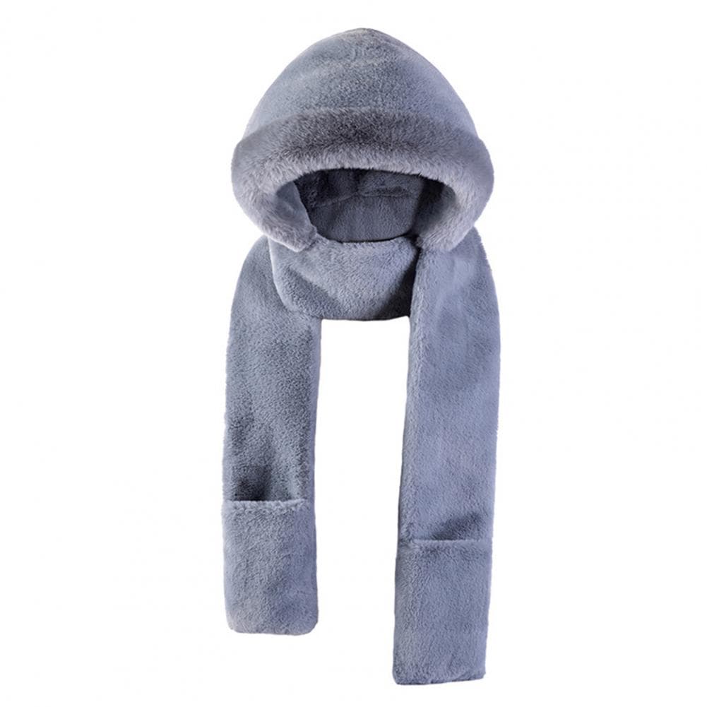 Women Winter Hat with Integrated Scarf And Gloves Thick Warm Faux Fur Solid Color Full Outdoor Cycling Travel Cold We grey