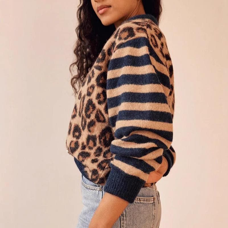 Women Round Neck Retro Sweater Winter New Casual Versatile Leopard Brush Hair Color Collision Cardigan Tops XL blue