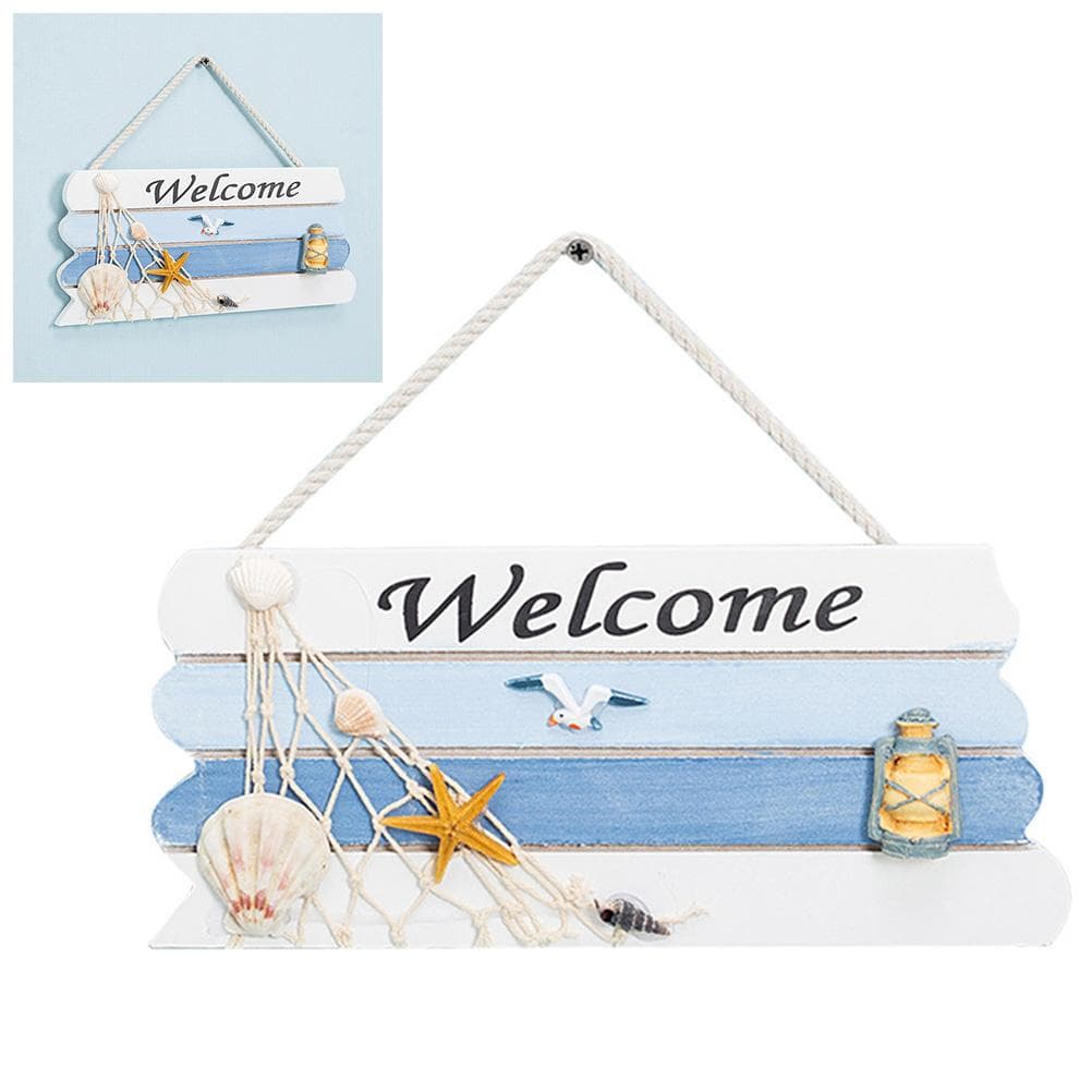 Wooden Mediterranean Ocean Nautical Welcome Sign with Star Fishes Shell for Home Bar Shop Door Decor blue