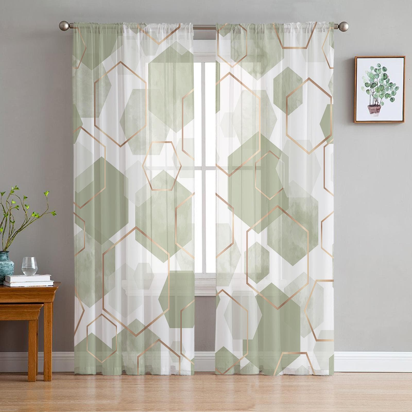 Sage Green Geometric Texture Sheer Window Curtain Tulle Curtains for Livingroom Bedroom Hotel Home Decor Voile Drapes 135W x 114H(cm)