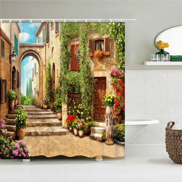 Home Wall Decor Shower Curtain 3D European Building Garden Flowers Patio Landscape Waterproof Polyester Bedroom Bathroom Curtain 180*180cm