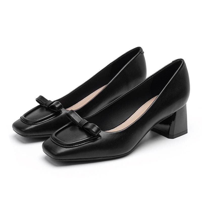 Fashion New Chunky Heel Shoes  New Square Head Pumps Female Low-Cut Bowknot Mid Heel Granny Shoes 40 black