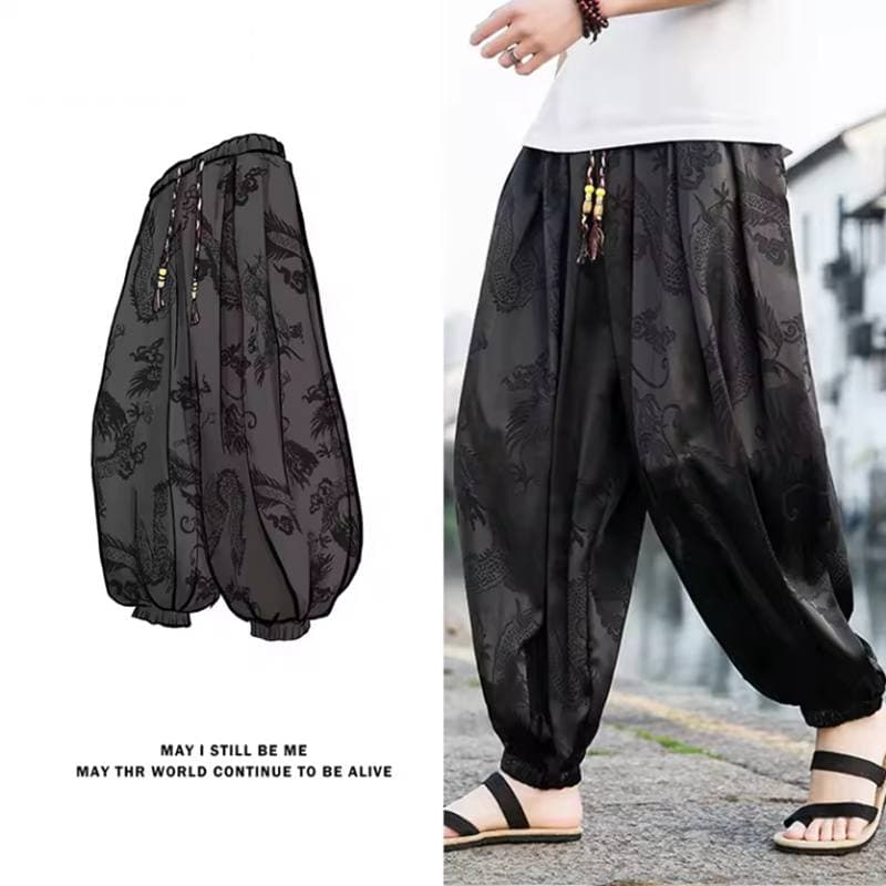 Outdoor Brand Pants For Men Lce Silk Dragon Dark Flower Loose Bloomers High Quality Wide Leg Casual Trousers Male M black