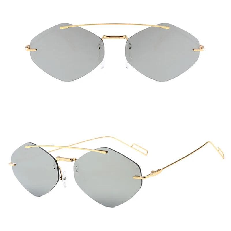 Trendy Women Rimless Sunglasses UV400 Protection Unisex Metal Frame Polygonal Lens for Travel Beach AS PICTURE