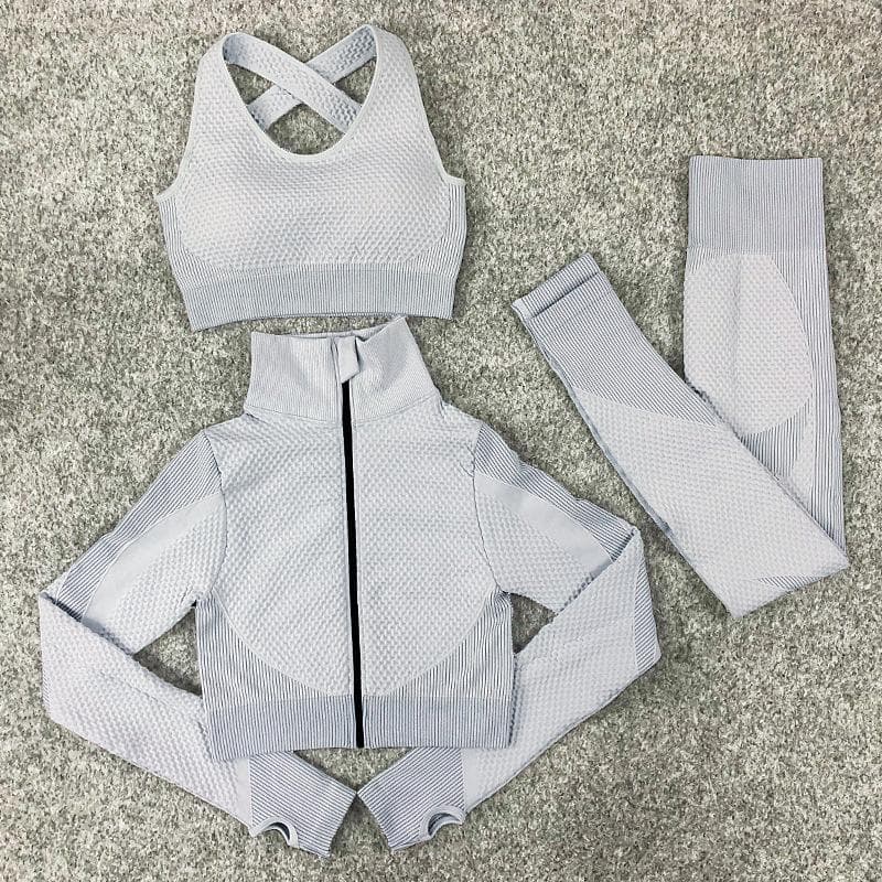 3PCS Seamless Women Yoga Set Workout Sportswear Gym Clothing Fitness Long Sleeve Crop Top High Waist Leggings Sports Suits M