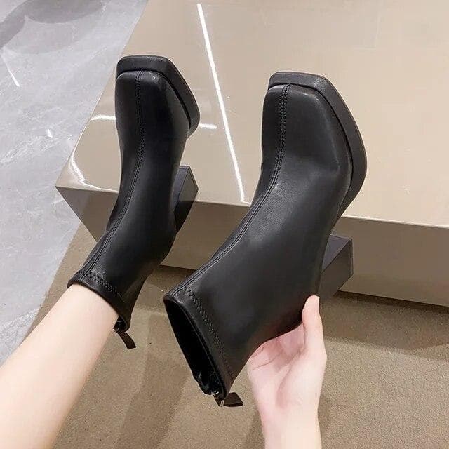 Women Ankle Boots Platform Square High Heel Ladies Short Boots Patent PU Leather Women's Boots Shoes for Women 39 black