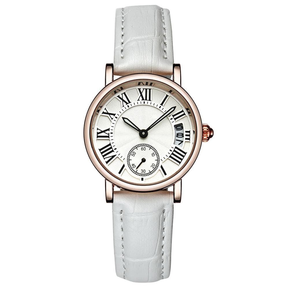 Sanda Lady Analog Round Quartz Leather Strap Date Watch Classical Wristwatch white