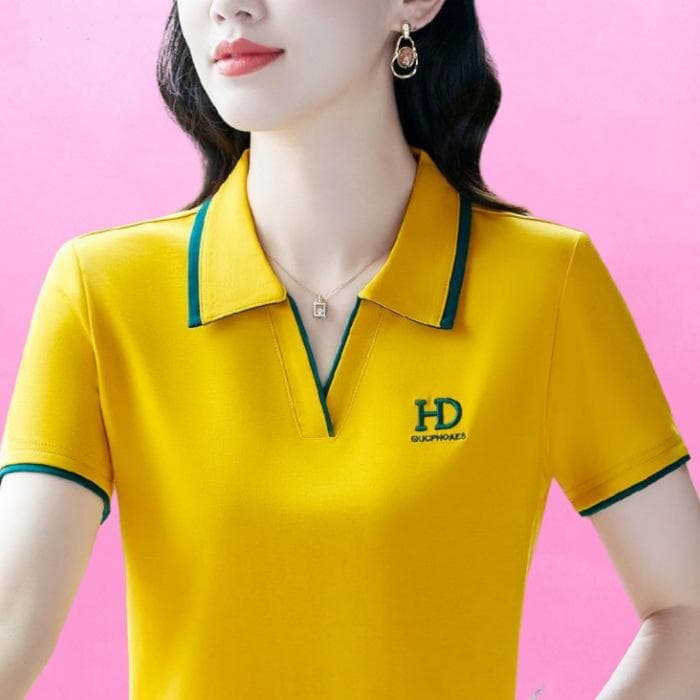 POLO Shirt Summer Short-sleeved T-shirt for Women New Versatile Large Size Fashionable Age-reducing Casual Ladies Top 2XL yellow
