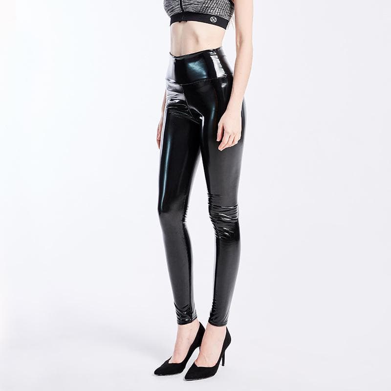 SCIONE High Waist Leggings Sexy High Waist Latex Bright Leather Plus Size Women's Trousers M black