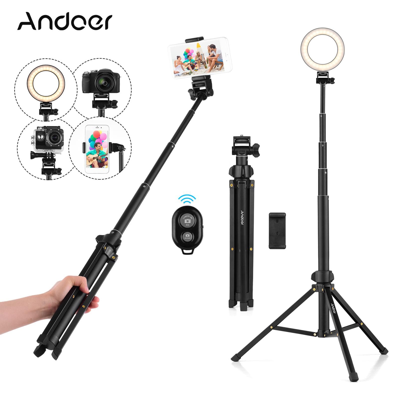 Tripod Stand with Extendable Selfie Stick Aluminum Alloy with Phone Holder Remote Shutter for Selfie Group Photo Live Streaming black