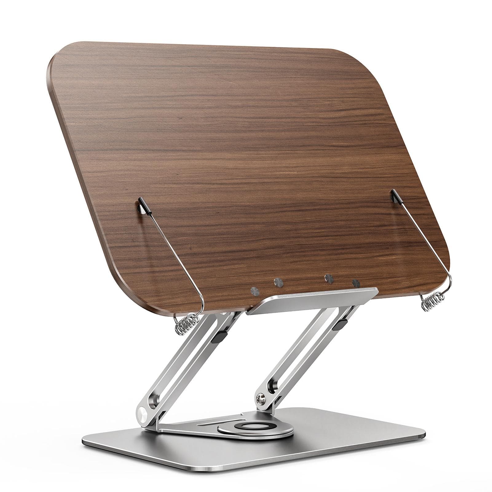Bisofice Desktop Book Stand for Reading with 360 degrees Rotating Base Wooden Panel & Page Clips Foldable brown