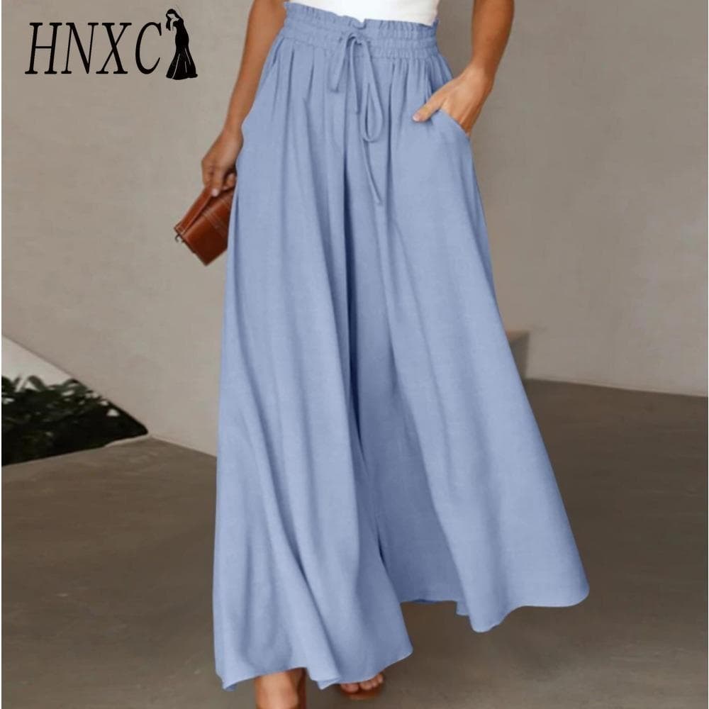 HNXC Women's Fashion Casual Solid Color Print Pants & Capris L blue