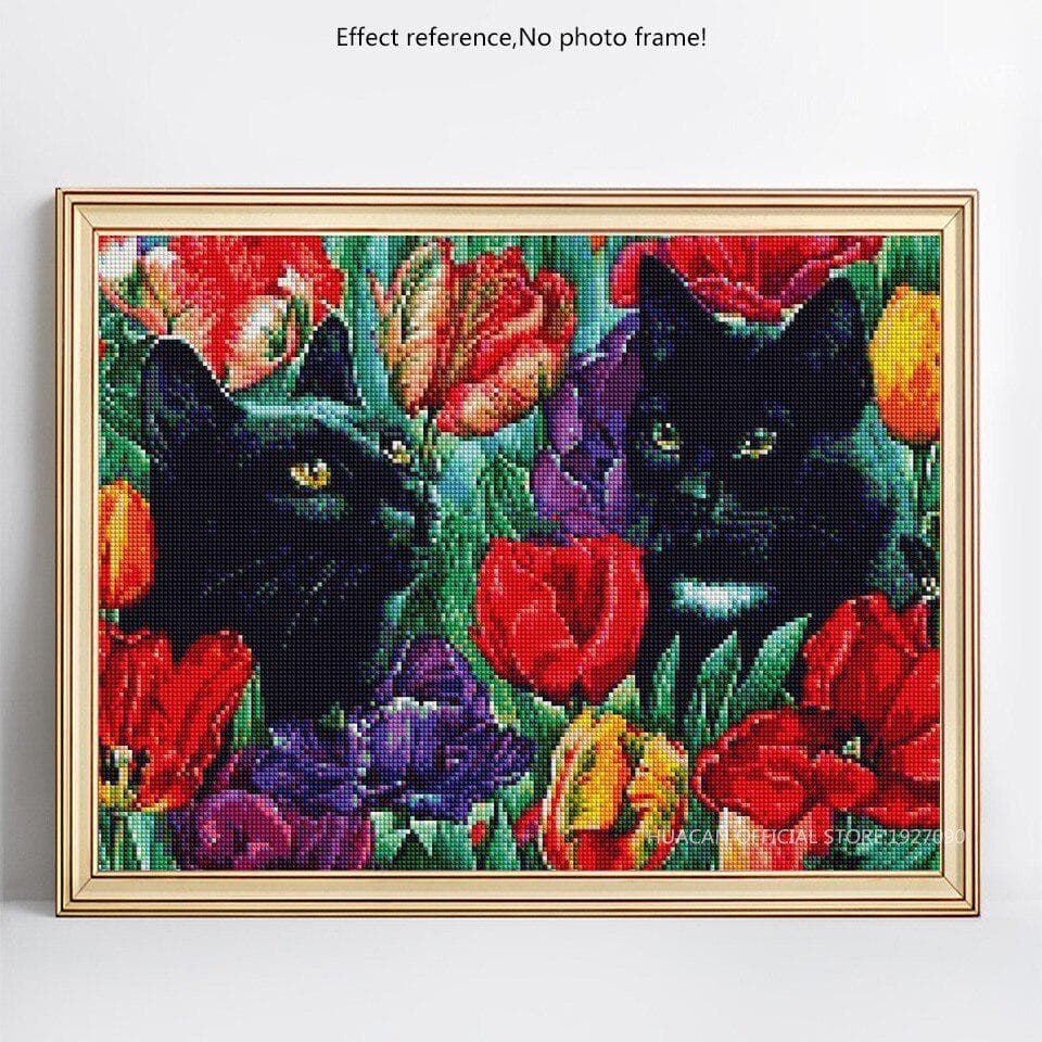 Diamond Painting Cross Stitch Cat And Flower Mosaic Diamond Embroidery 20X30CM