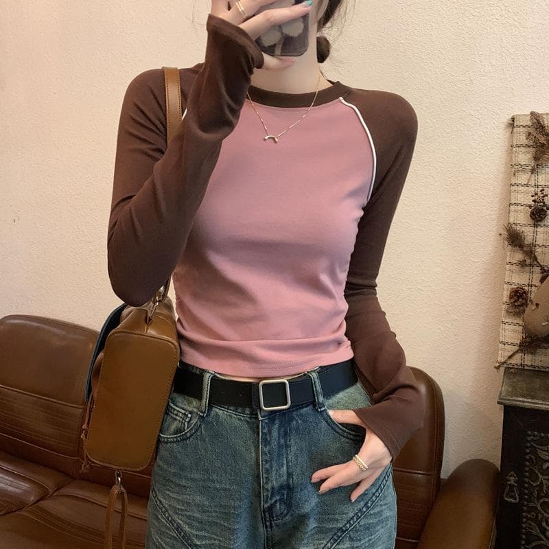 New American Retro Front Shoulder Long-sleeved T-shirt for Women with Slim Fit and Slim Inner Bottom Shirt Top 2XL