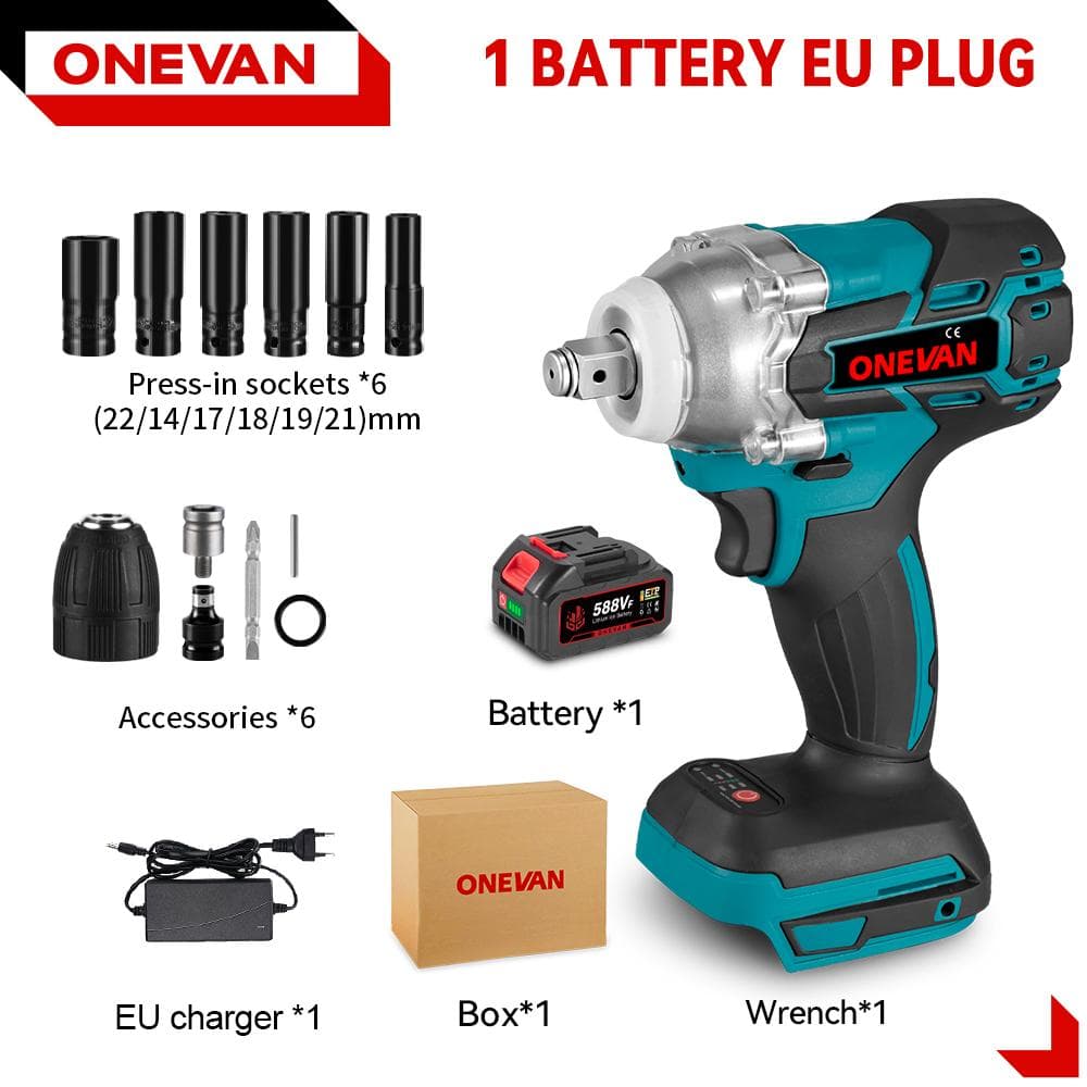 ONEVAN 520N.M Brushless Electric Impact Wrench 1/2 inch Cordless Hexs Socket Kit Screwdriver Power Tool For Makita 18V Battery 1 Battery-12pcs Set