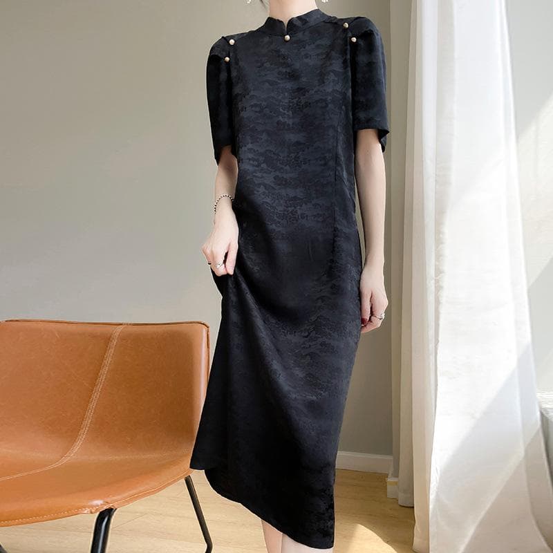 Chinese Style Modified Cheongsam Dress for Women Acetic Acid Satin Slit Mid-length Skirt Retro Style Stand Collar Cheongsam Skirt 2XL black