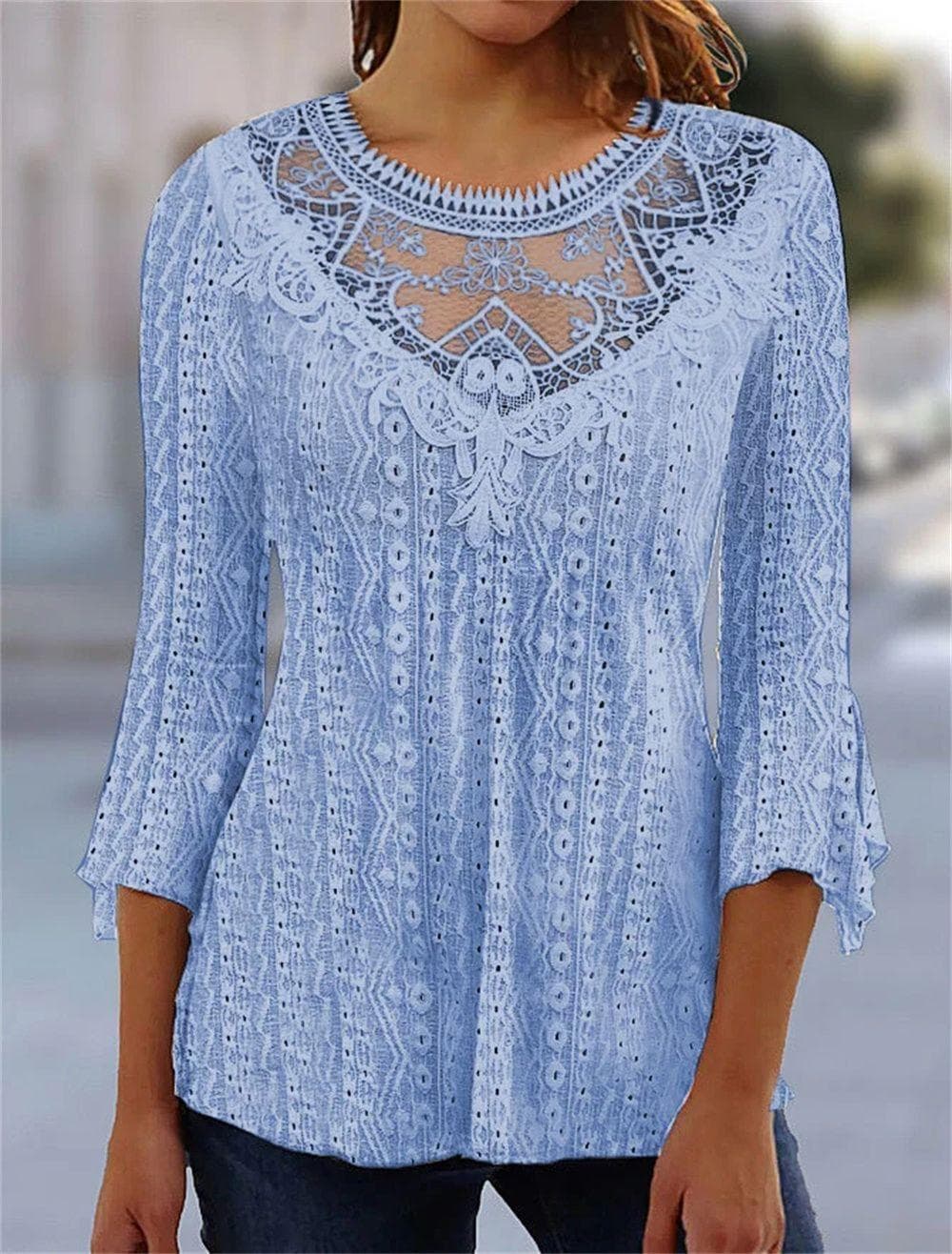Women’s Casual Lace Deep V-Neck T-Shirts Comfortable Hollow Out 3/4 Sleeve Irregular Blouses Ladies Elegant Patchwork Pullover Tops M light purple
