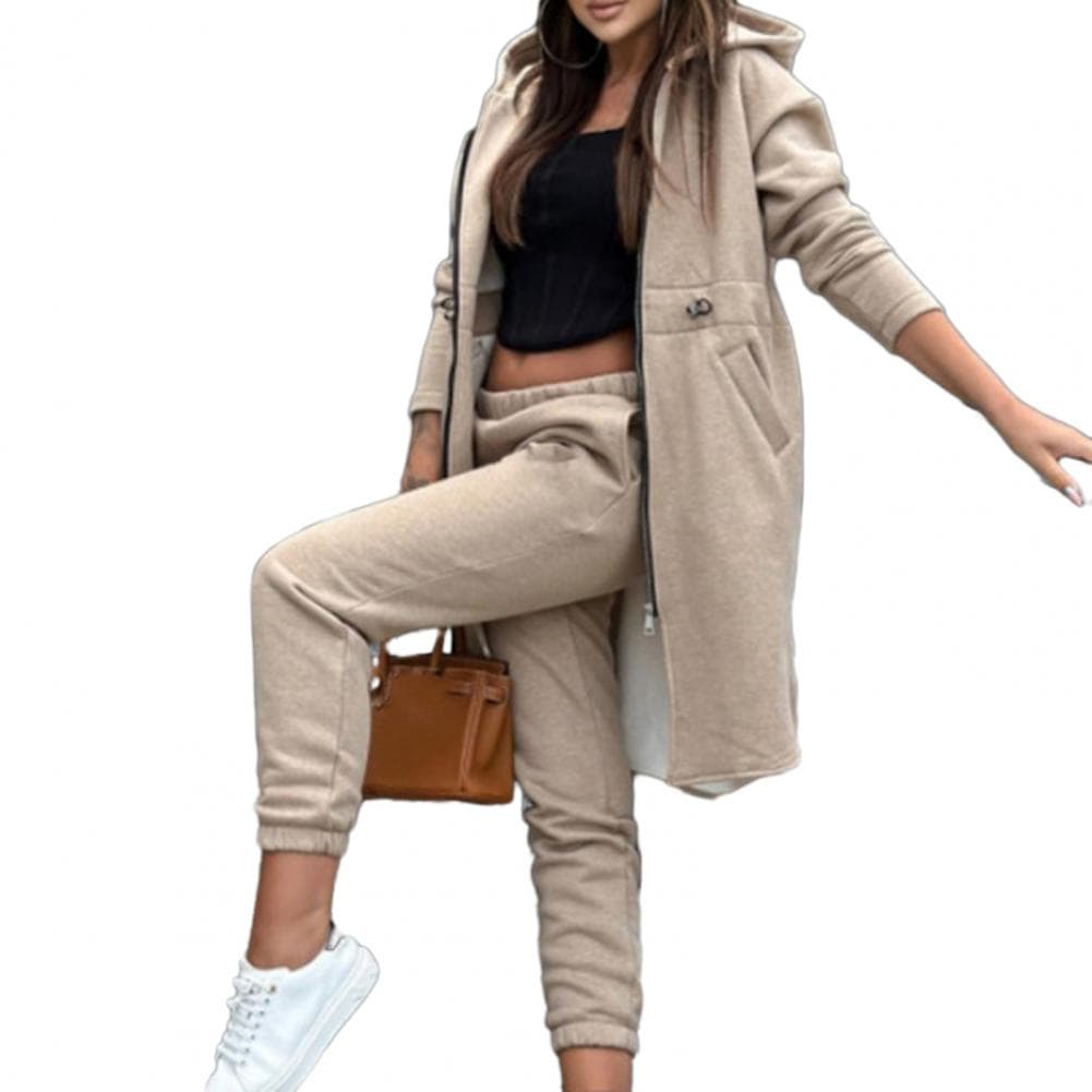 Women's Long Sleeve Hooded Coat and Pants Set Split Hem Zipper Closure Loose Fleece Monochromatic Elastic Waist Ankl 2 Pcs Set XL khaki