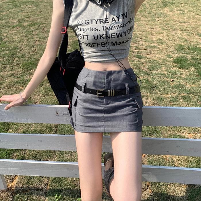 Trendy Skirt, Belt Design, Versatile Temperament Hip-wrapped Short Skirt, Hot Pants, Waist and Hip A-shaped Skirt XL gray