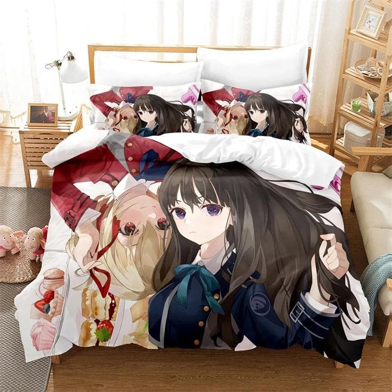 Lycoris Recoil Bedding Set,Duvet Cover Comforter Bed Set Quilt Cover Pillowcase,King Queen Twin Size Boys Girls Adults 135x200cm 2pcs