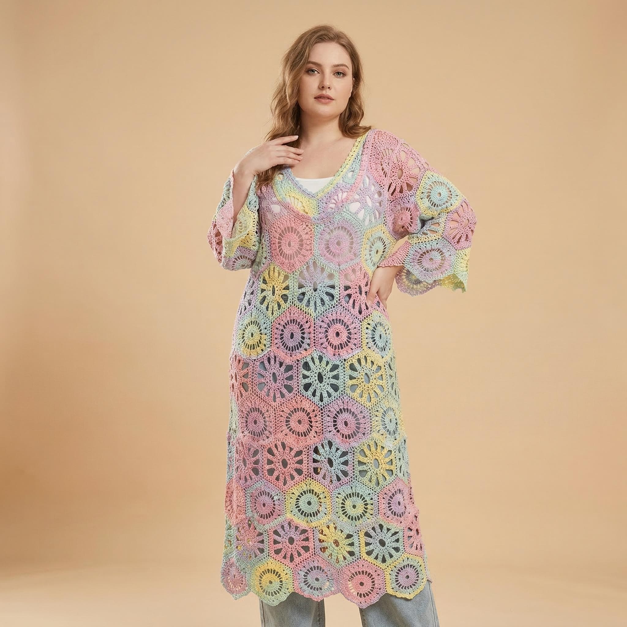 DIMANAF 2024 New Summer Women Long Knitted Dress Sleeve Basic Fashion Lace Dresses Casual Loose White One Size multicolour