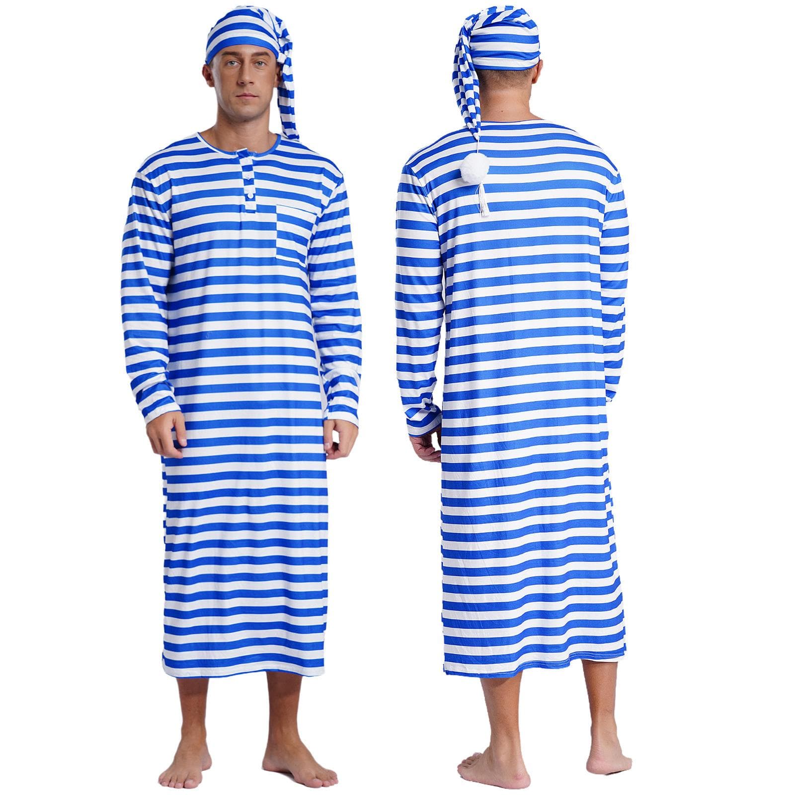 Mens Striped Loose Sleep Robe Set with Pom-Pom Hat Christmas Nightwear Long Sleeve Sissy Pajamas L royal blue