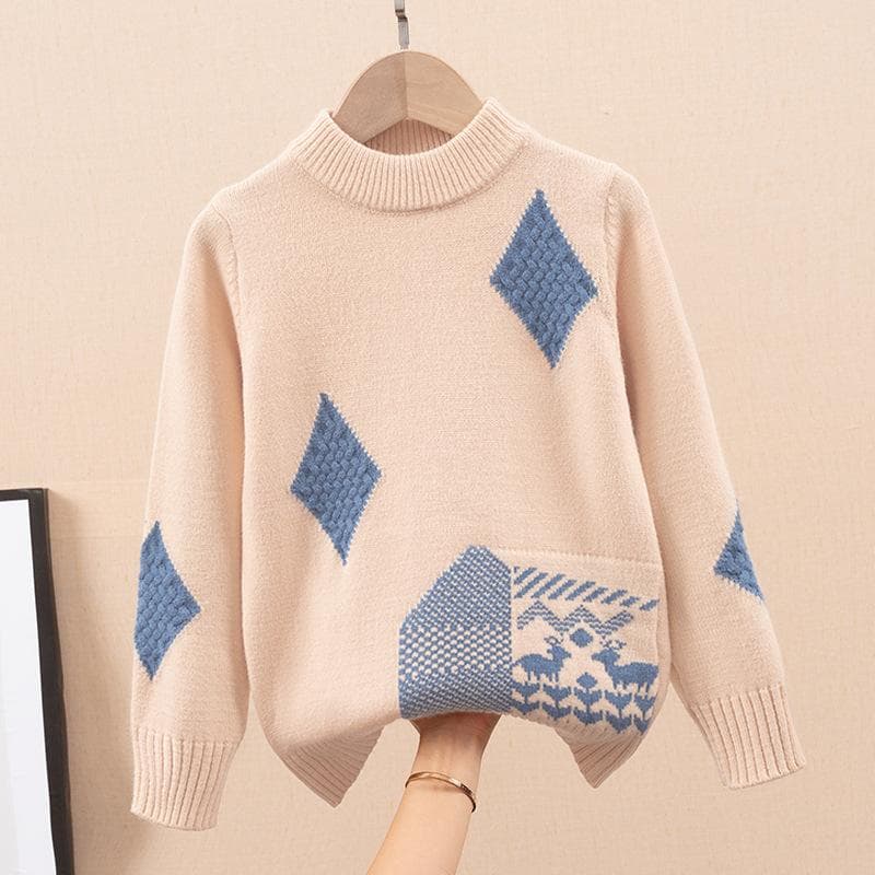 Boys' Sweater with Contrasting Colors and Warm Base, Winter Children's Thick and Plush Knitted Sweater Pullover 170