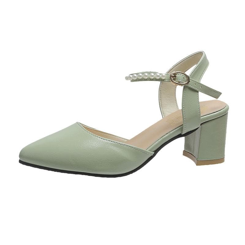 Large Size Women 2024 Summer New Pointed Toe Toe Sandals Thick with Pearl Line Belt High Heels 36 green