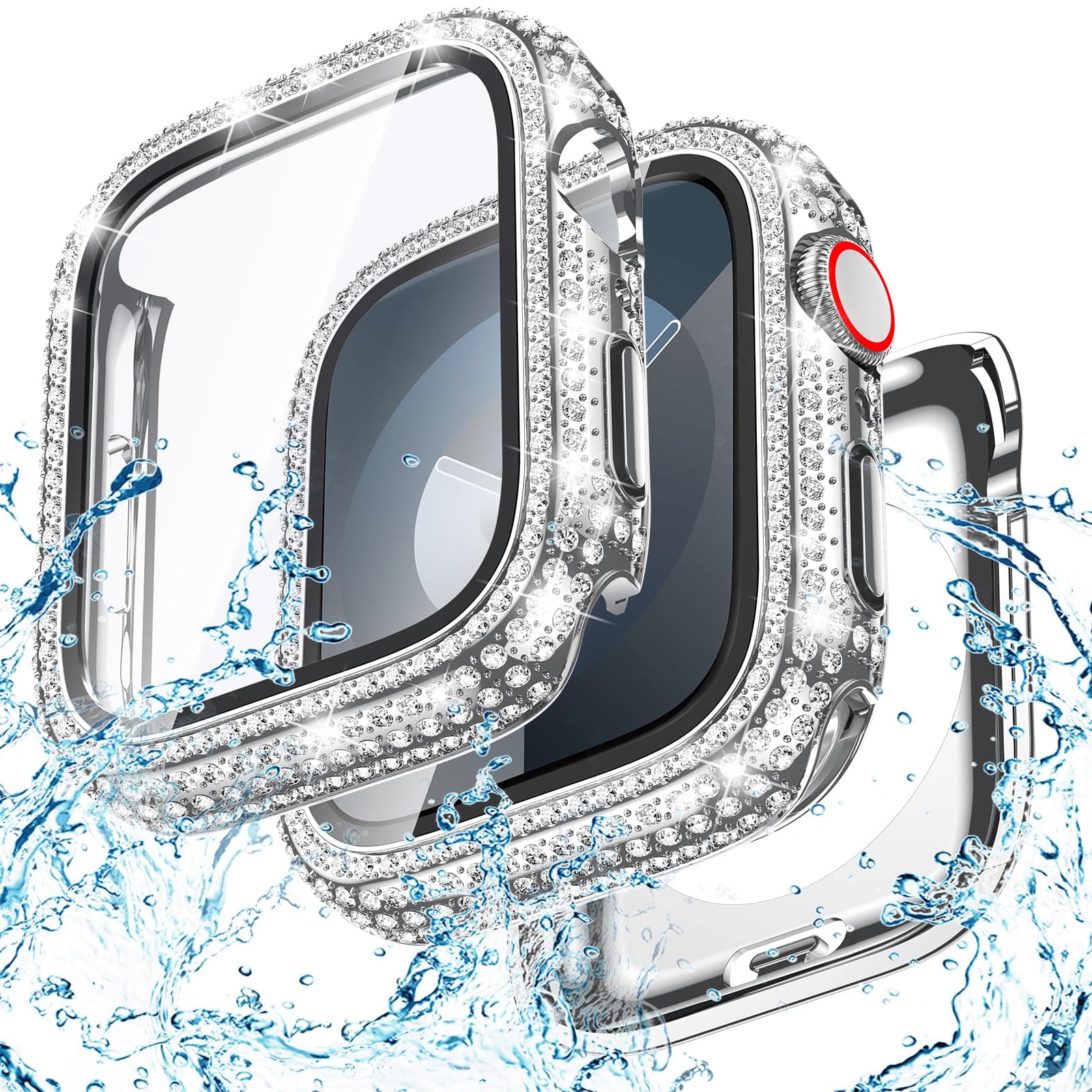 Bling Glass+Cover For Apple Watch Case 46mm 44mm 45mm 41mm 40mm 42mm  Ultra1/2 49mm Diamond bumper+Screen Protector iwatch series 10 9 8 7 5 6 SE 45mm series 9-8-7 silver