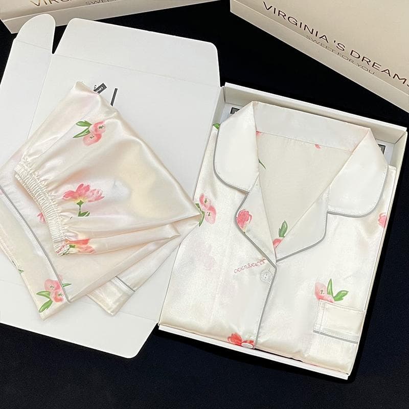Summer New Ladies Sweet Satin Silk Floral Printed Pajamas Set Short Sleeve+Pants Women Cute Homewear Casual Wear XXL
