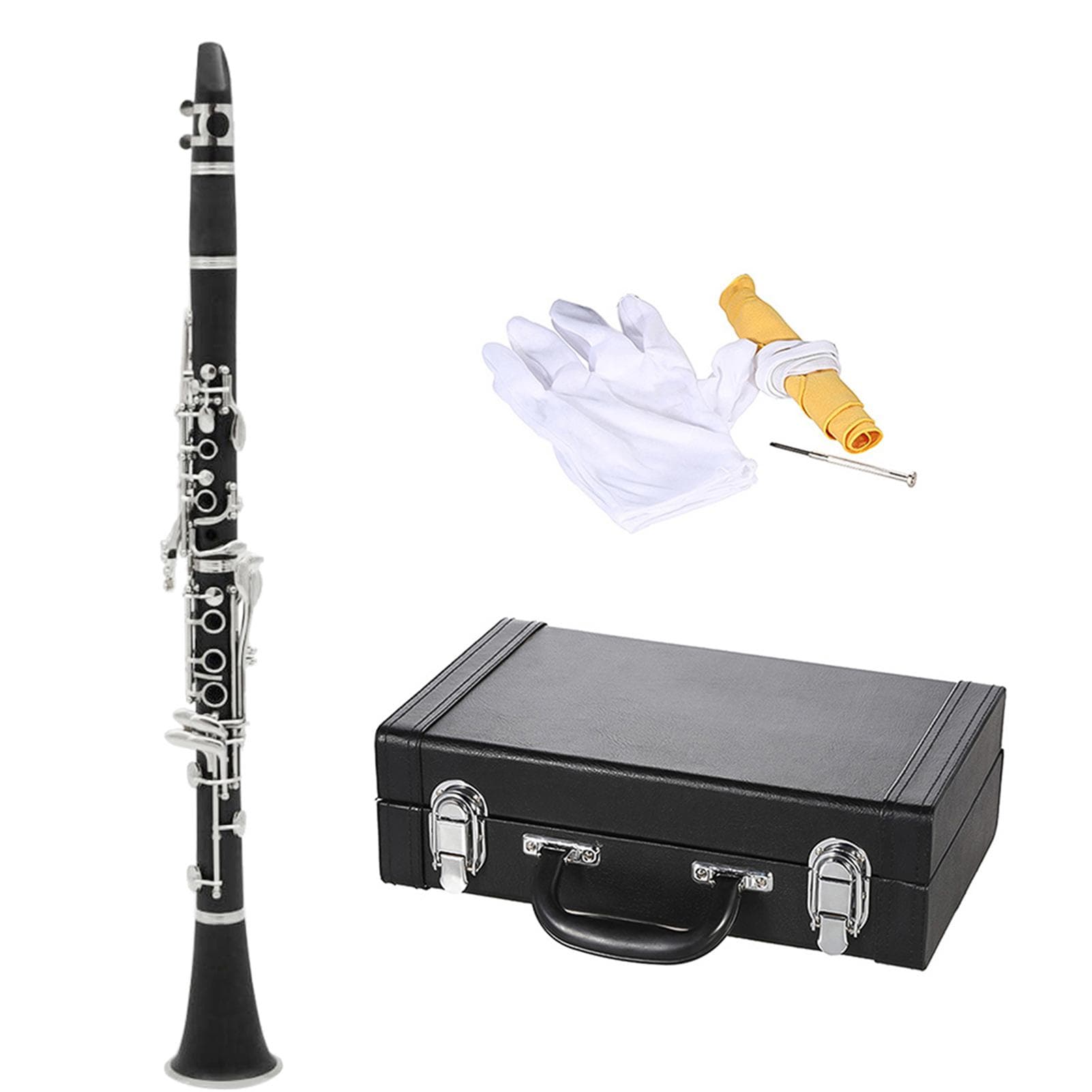 ABS Clarinet Bb Cupronickel Plated Nickel 17 Key with Cleaning Cloth Gloves Screwdriver Woodwind black