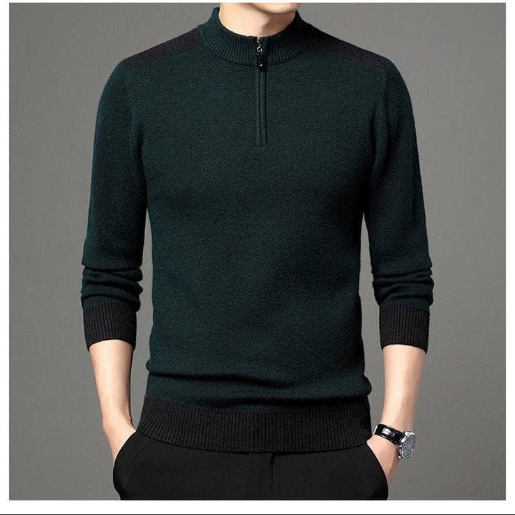 Men's Extra Thick Warm Jacket Half Height Zipper Knitted Pullover Contrasting Color Sweater Winter Casual Top 4XL dark green