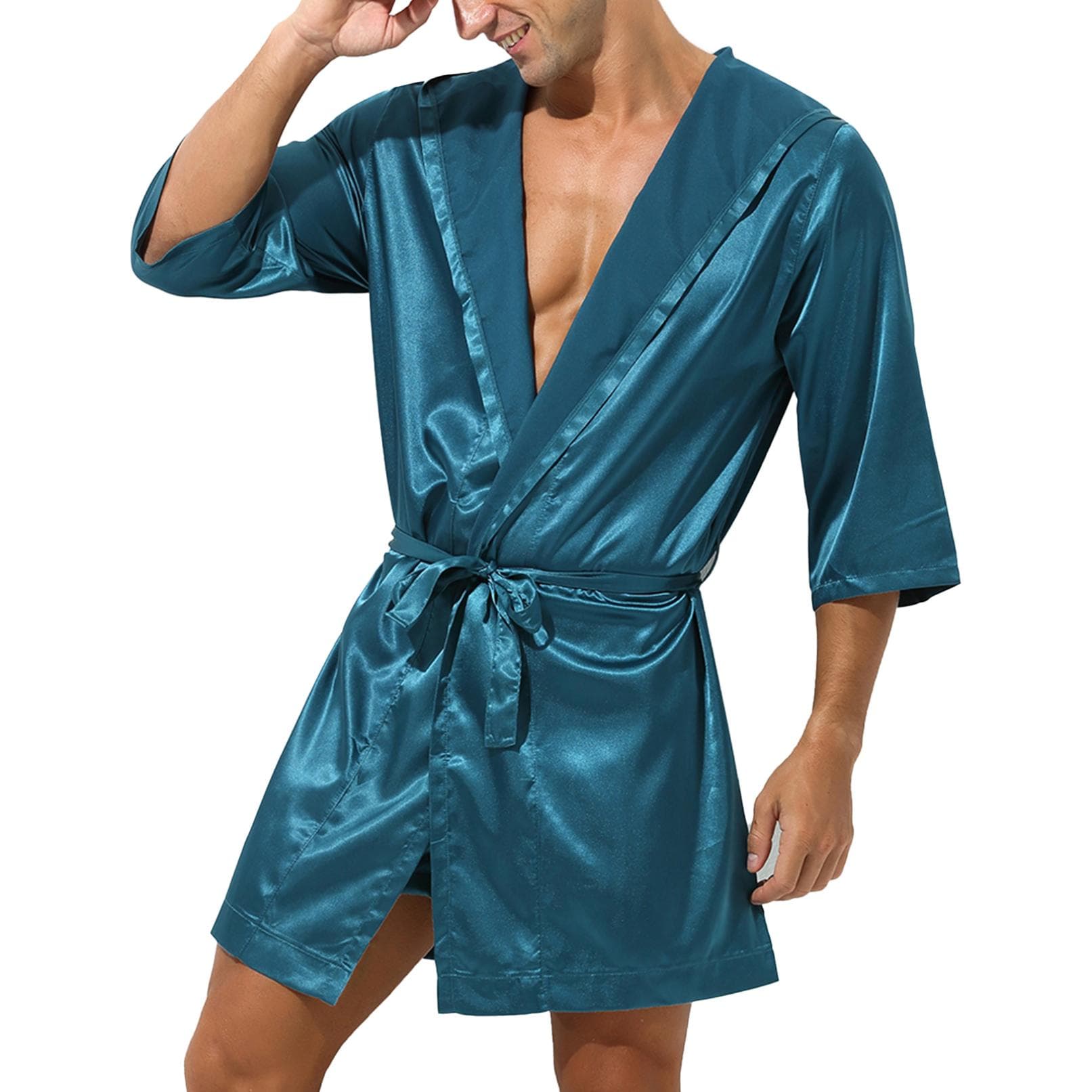 Men's Satin Open Front Robes Lightweight Sleepwear Half Sleeve Kimono Bathrobe M teal