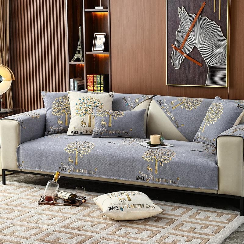 New Living Room Sofa Cover Chenille Sofa Cushion Printed Forest Deer Cushion Simple Non-Slip Cushion Backrest Armrests Cover 70x70cm 1pcs
