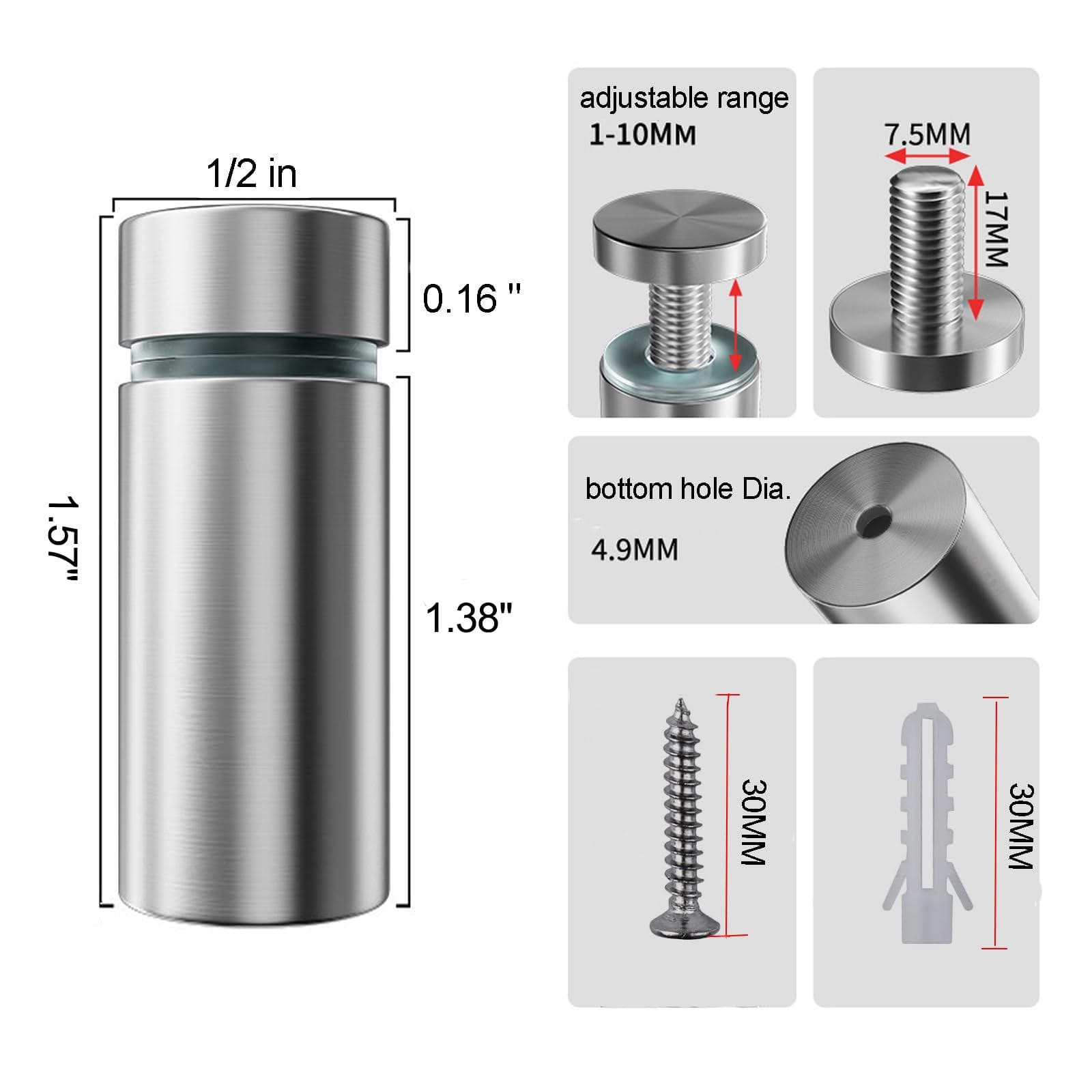 Sign Standoff Screws 1/2 x 1 Inch Stainless Steel Stand Off Wall Mounts Advertising Screw Hardware for Acrylic Signs (4Pcs)1/2" x 1.57" silver