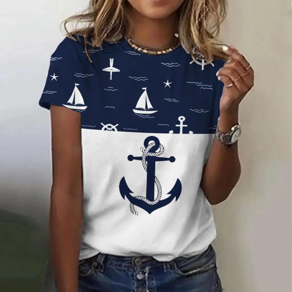 Summer Women T Shirt 3d Print Boat Anchor Print Fashion O Neck Short Sleeve Tees Tops Pullover Women's Casual Loose T-Shirt Y2k Clothing 5XL